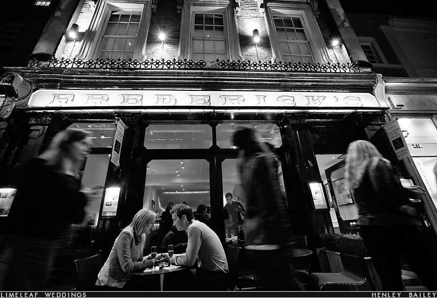 Wedding couple outside Frederick's bar in London
